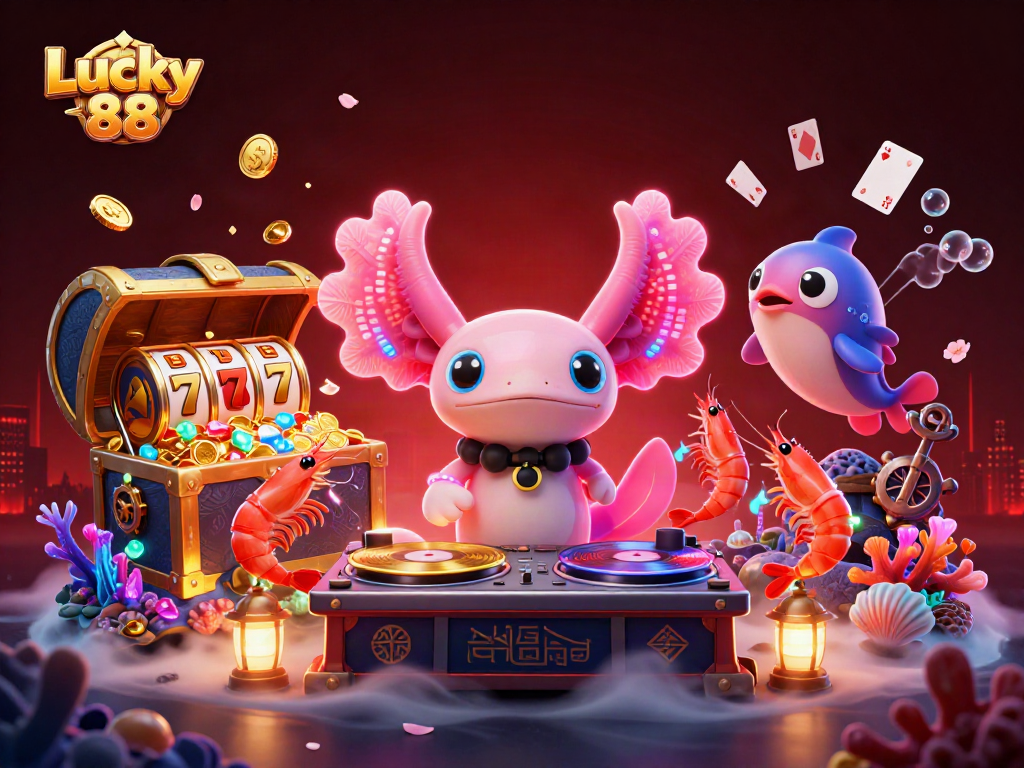 Engage with Lucky 88's vibrant casino scene featuring an axolotl DJ and lively aquatic characters.