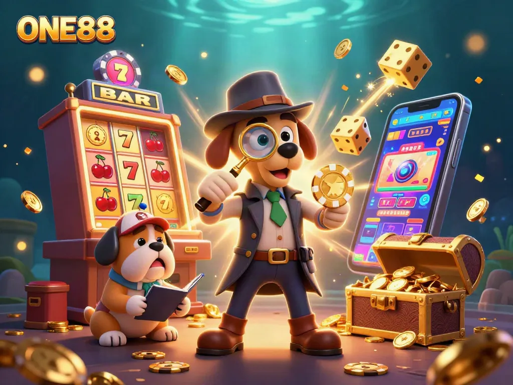 Experience the thrill of ONE88 with a detective and bulldog uncovering hidden treasures in a vibrant casino scene.