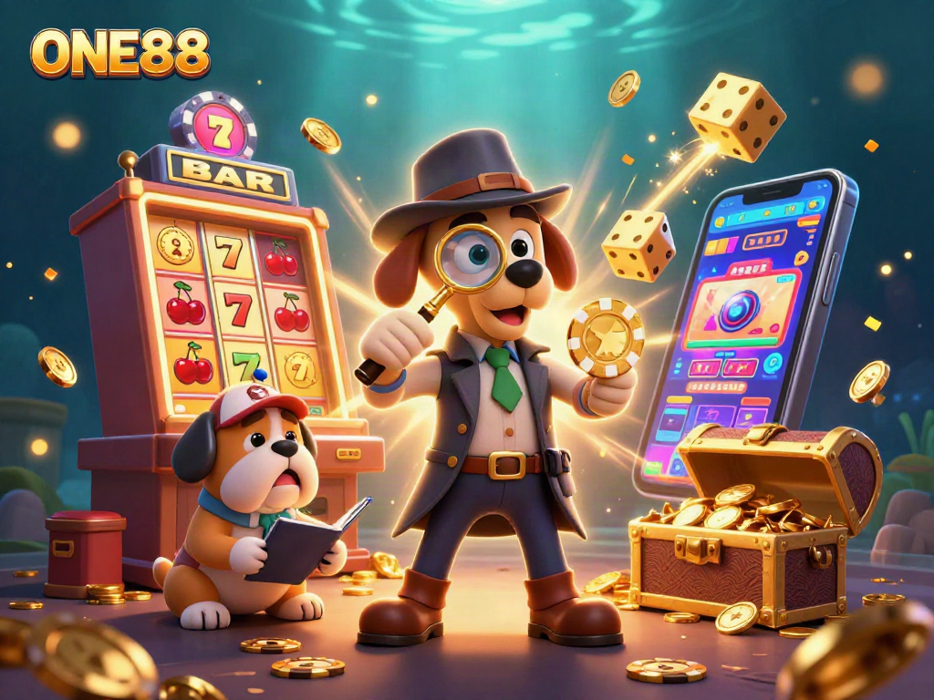 Experience the thrill of ONE88 with a detective and bulldog uncovering hidden treasures in a vibrant casino scene.
