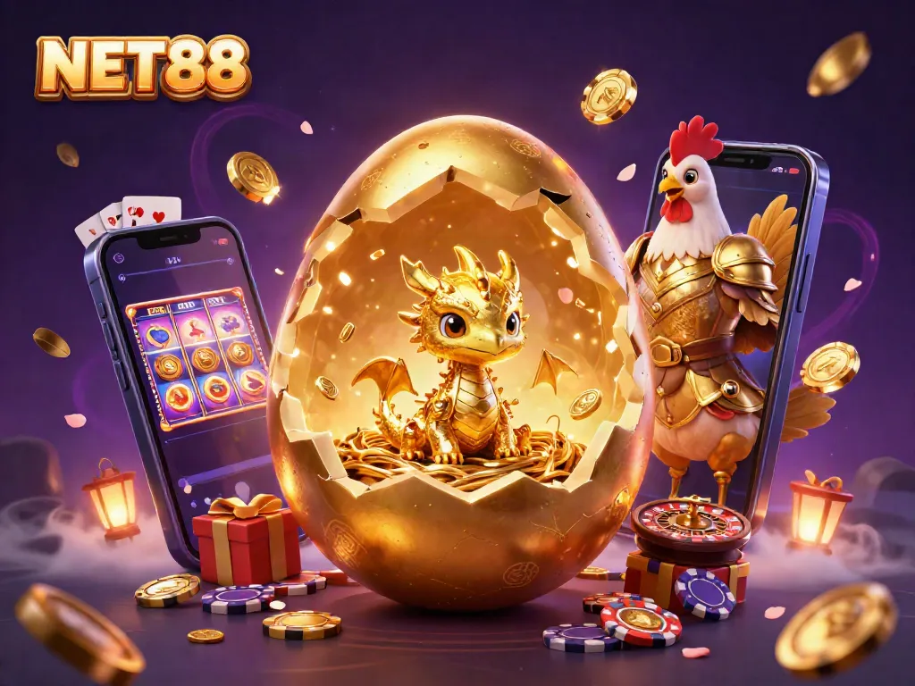 NET88 showcases a golden dragon emerging from a casino-themed nest, symbolizing luck and fortune.