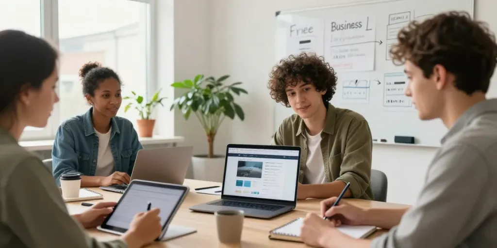 Free business listing in Finland - collaborative small business team working on marketing strategies in a modern office environment.