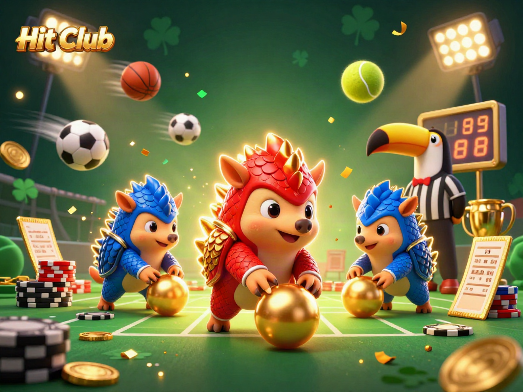 Hit Club rivals compete with golden balls and poker chips in an action-packed scene.