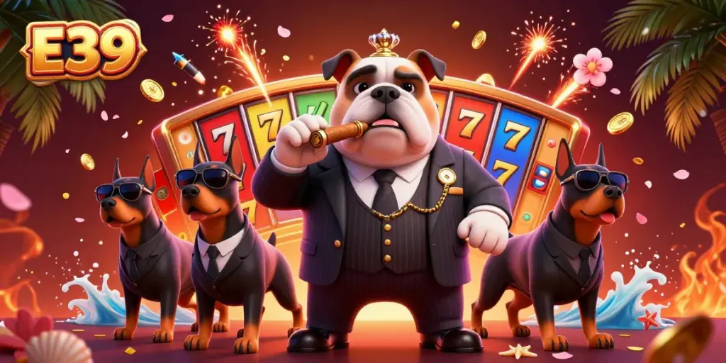 Experience thrilling gameplay at E39 with a dynamic scene of gaming excitement and cartoon characters.