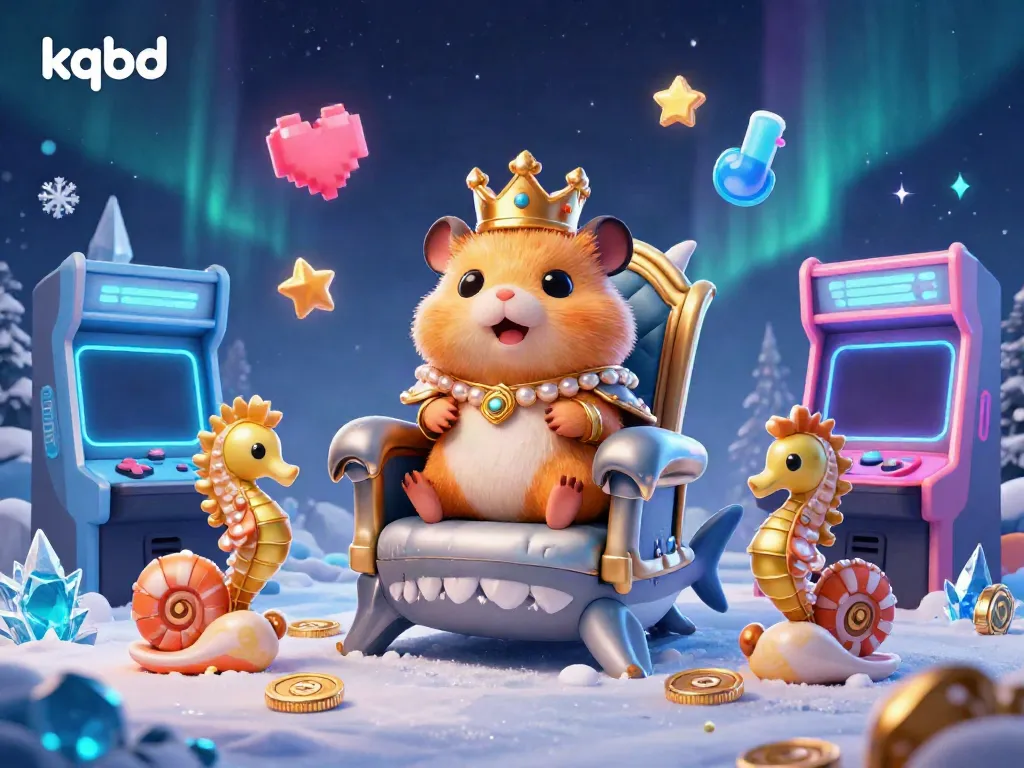 Engage with kqbd in a dynamic scene showcasing a golden hamster king on a megalodon throne surrounded by vibrant arcade elements.