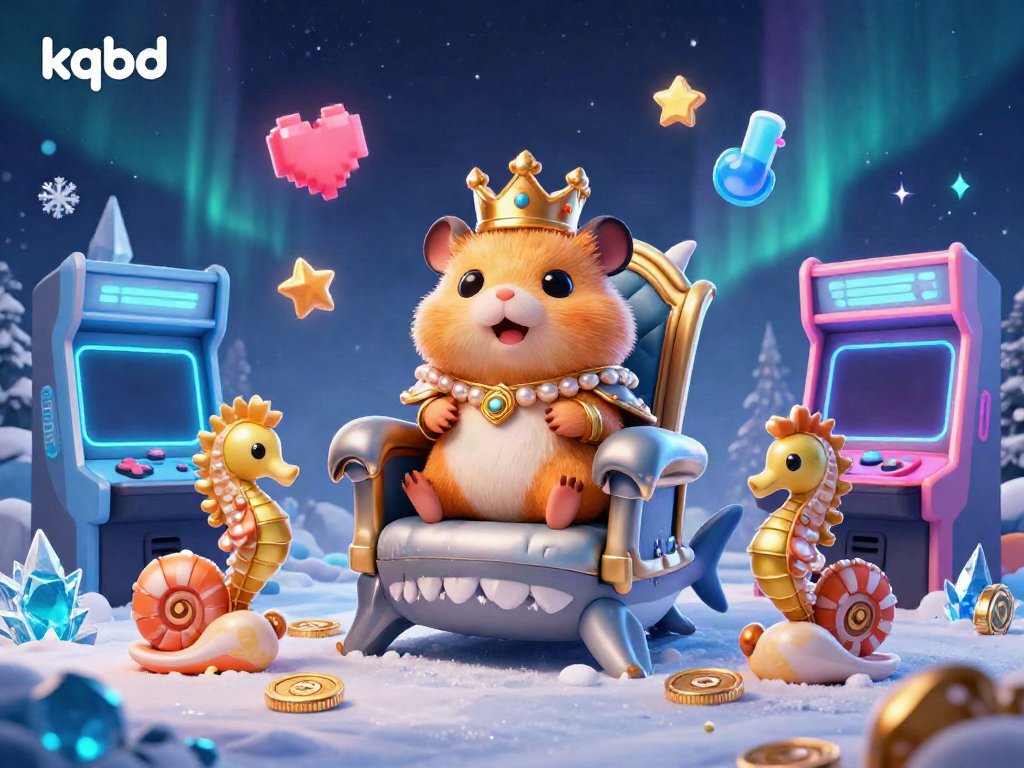 Engage with kqbd in a dynamic scene showcasing a golden hamster king on a megalodon throne surrounded by vibrant arcade elements.