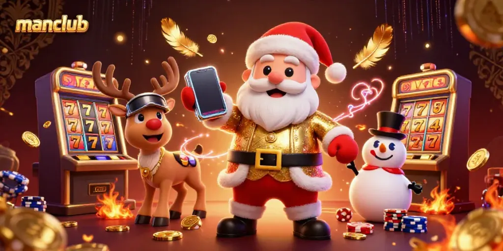 Join the excitement at manclub, where Santa, a reindeer dealer, and a poker chip snowman celebrate jackpot wins!