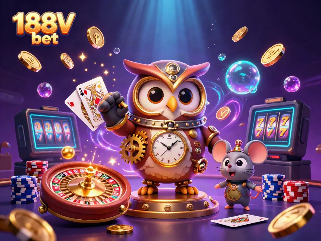 Experience the thrills of 188V bet with a captivating 3D casino scene showcasing vibrant elements and characters.