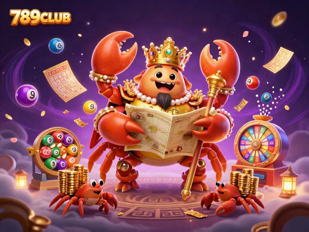 Experience thrilling gameplay at 789CLUB with vibrant lottery elements and a majestic crab emperor.