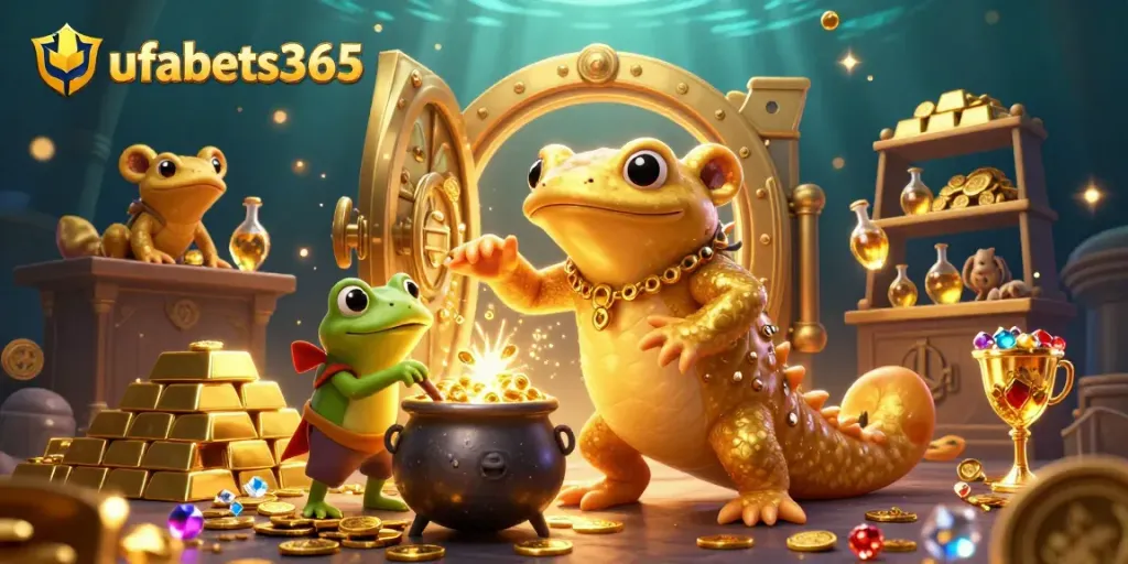 Experience magical gold transmutation with ufabets365, showcasing a dynamic 3D casino alchemy scene.