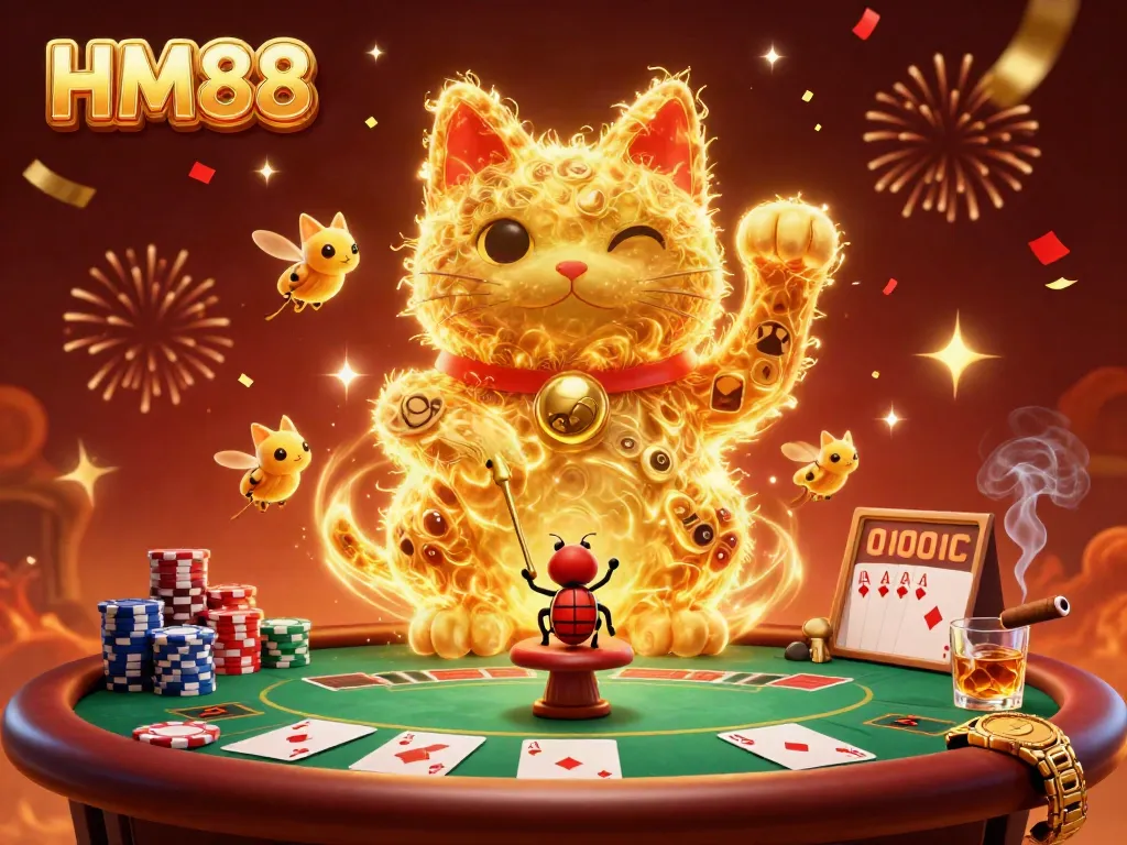 Experience the excitement of HM88 with vibrant casino symbols formed by fireflies in this enchanting scene.