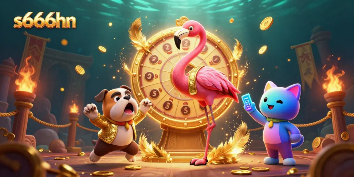 Engage in thrilling action at s666hn, where a flamingo host spins the prize wheel amid exciting casino elements.