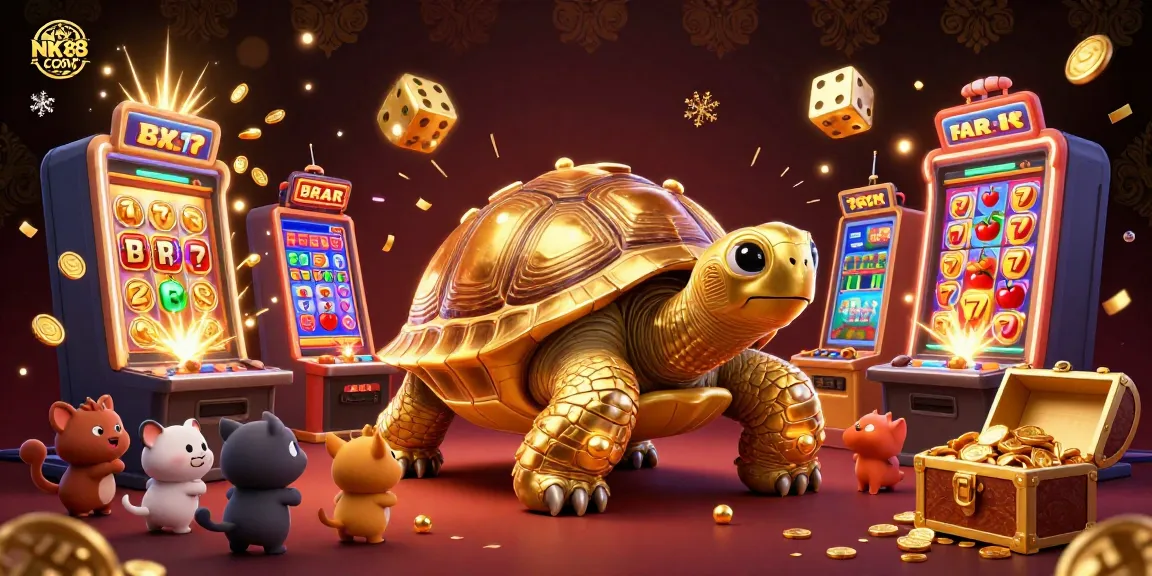 Engage with thrilling casino excitement featuring NK88 COM as a colossal tortoise pinball machine explodes with jackpots.