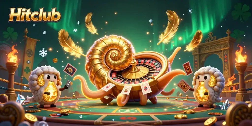 Experience the excitement of Hitclub with a giant nautilus roulette wheel surrounded by vibrant casino elements.