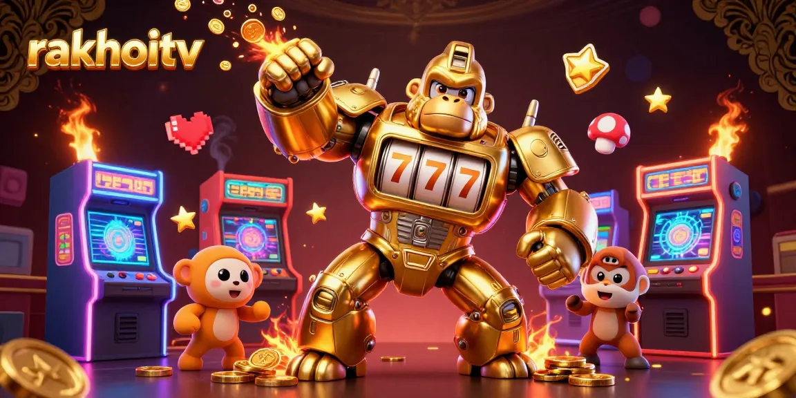 Experience thrilling moments at rakhoitv with a dynamic golden gorilla mech surrounded by gaming excitement.