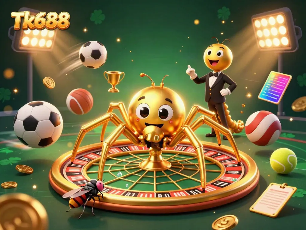 Experience thrilling bets at Tk688 as a cartoon spider spins a golden web, revealing vibrant game elements.
