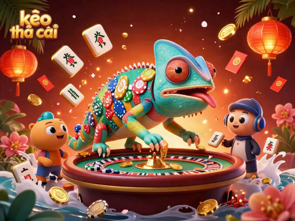 Engage in strategic gameplay with kèo nhà cái, featuring a chameleon casino owner and vibrant game elements.
