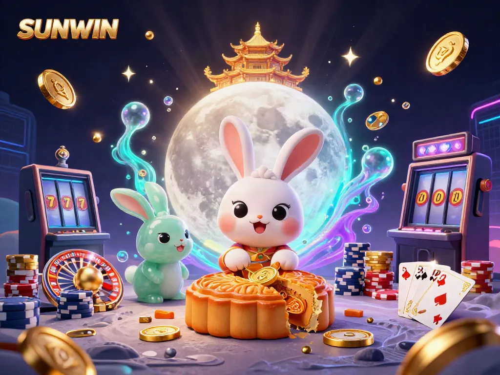 Experience thrilling gaming with SUNWIN as moon rabbits reveal poker chips on the lunar surface.