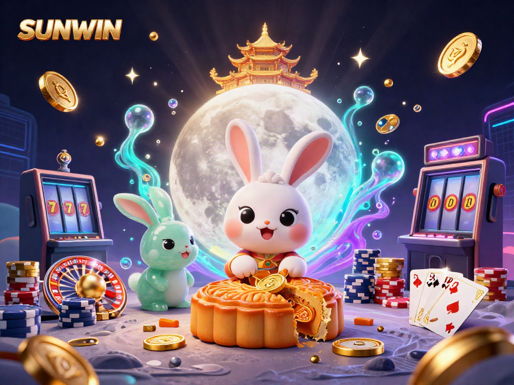 Experience thrilling gaming with SUNWIN as moon rabbits reveal poker chips on the lunar surface.