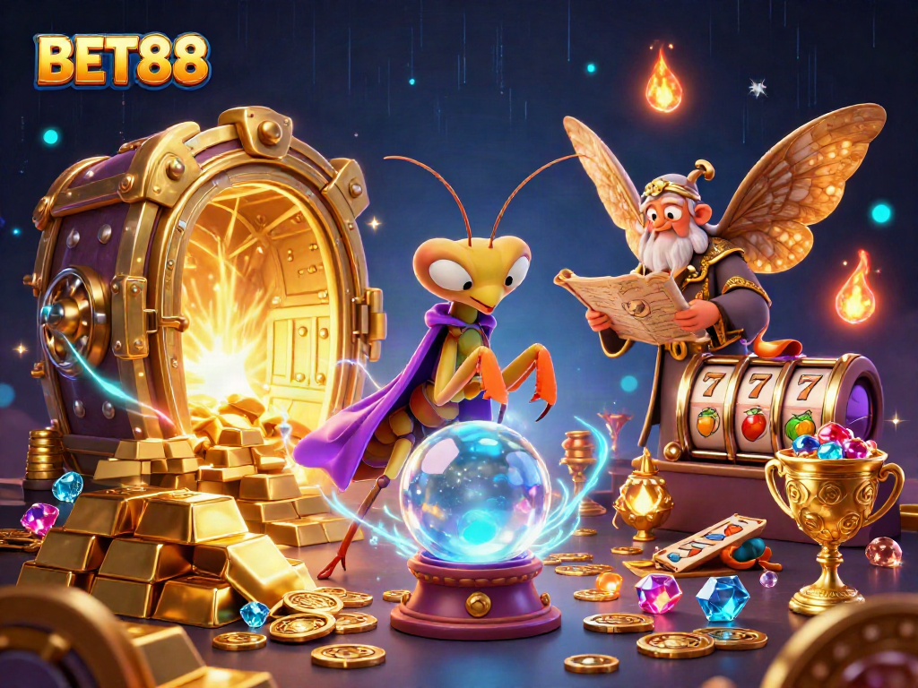 Experience winning moments with BET88 in this vibrant 3D casino illustration featuring treasures and excitement.