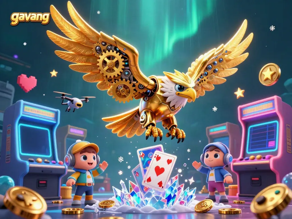 Engage with thrilling gameplay while soaring beside the cybernetic gavang eagle amidst holographic cards.