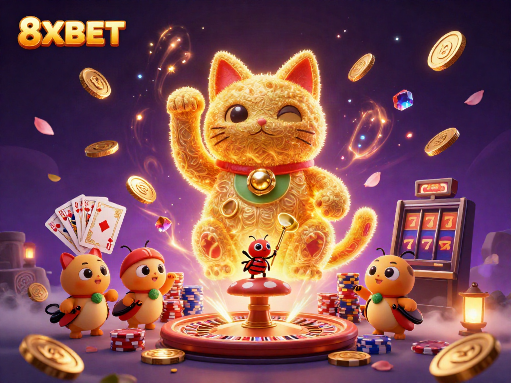 Experience the dynamic energy of 8XBET with its lucky cat, swirling coins, and vibrant casino elements.