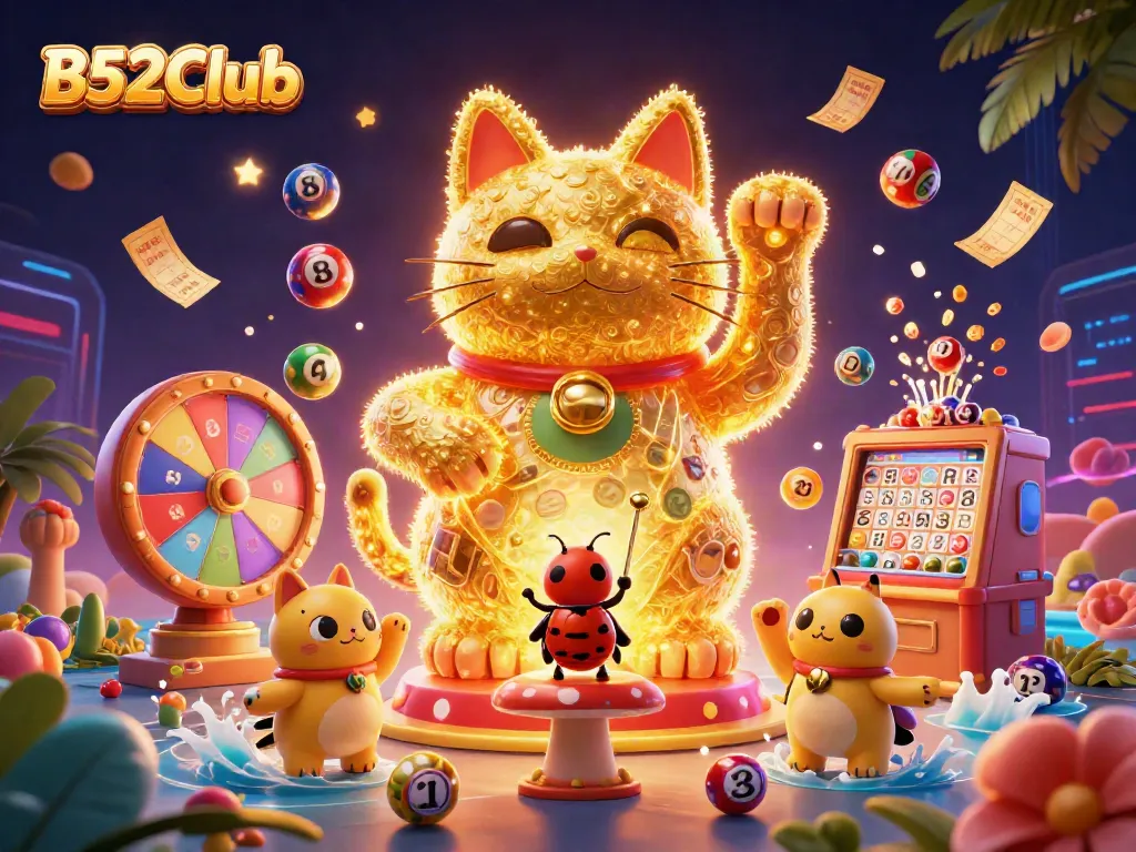 Experience the vibrant world of B52Club with colorful casino elements and a charming lucky cat.