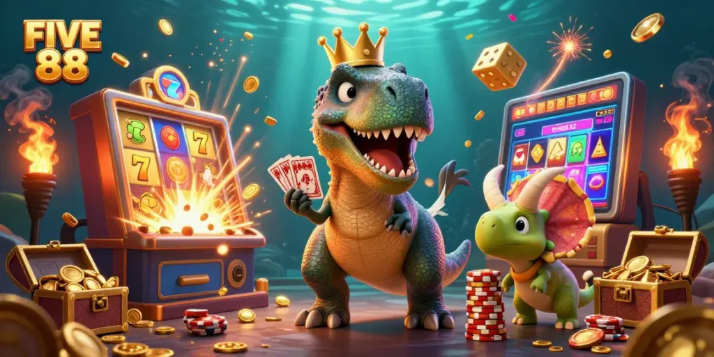 Engage in thrilling gameplay at FIVE 88 with friendly cartoon dinosaurs stacking chips.