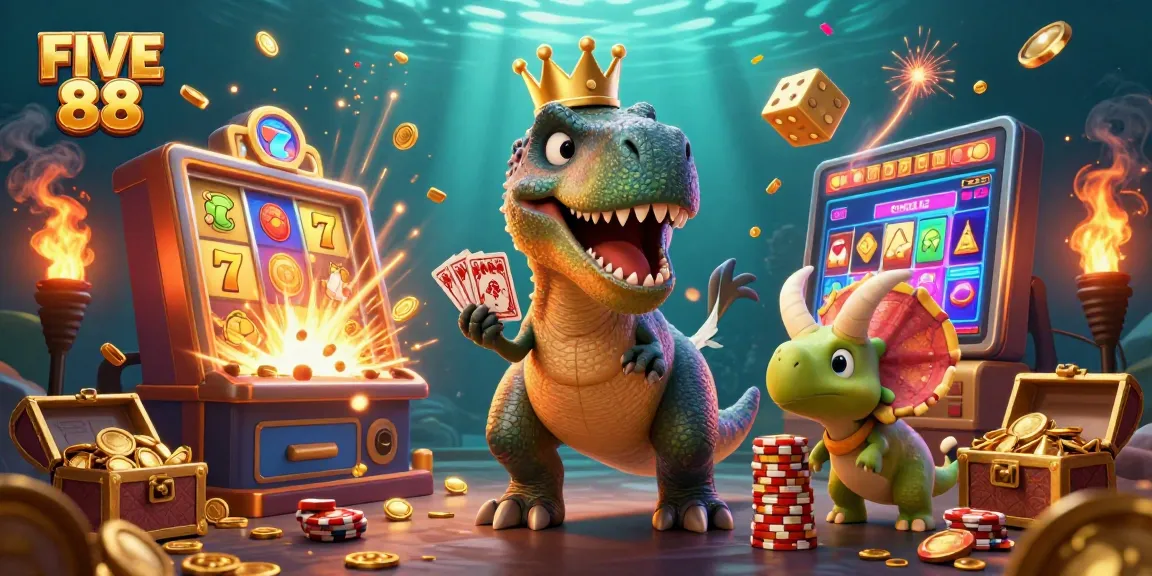 Engage in thrilling gameplay at FIVE 88 with friendly cartoon dinosaurs stacking chips.