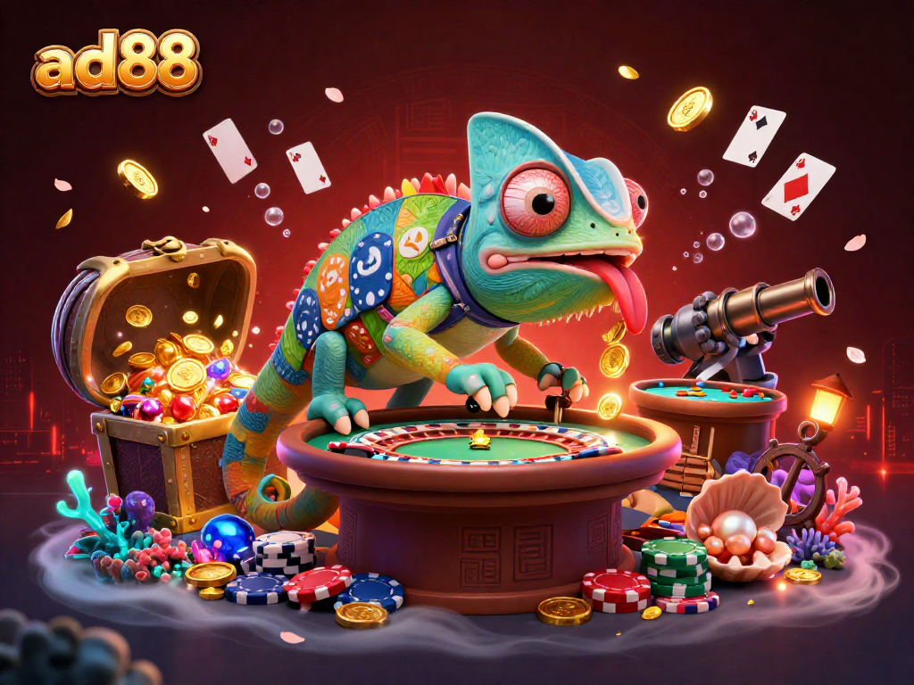 Experience the excitement at ad88 with dynamic casino elements surrounding an enormous chameleon owner.