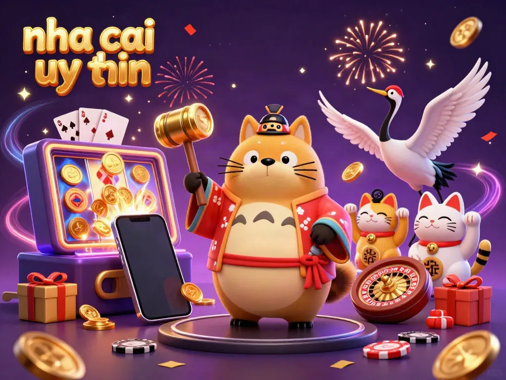 Win big with nha cai uy tin featuring a cheerful tanuki and samurai crane amidst vibrant casino action.