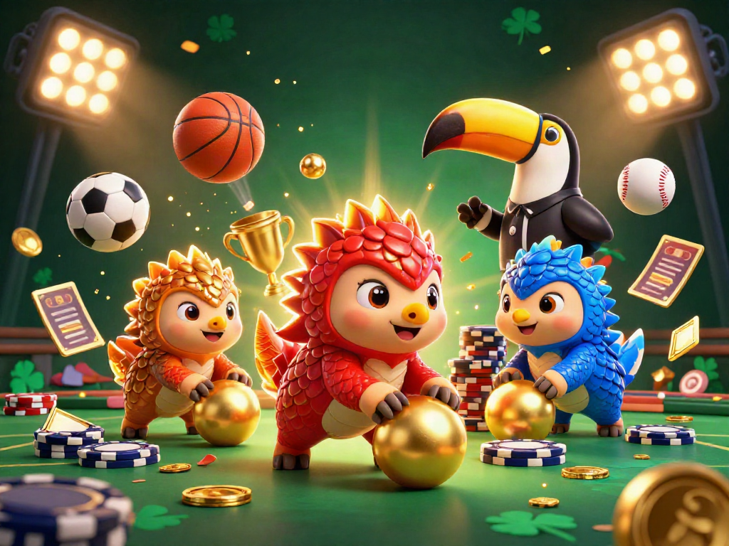 Engage in thrilling 8 S gameplay as rival pangolins compete with poker chips and sports balls in a vibrant casino scene.