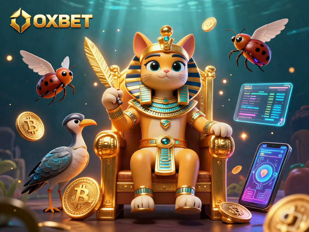 Experience OXBET’s thrilling gaming environment with a cartoon pharaoh cat and crypto elements.