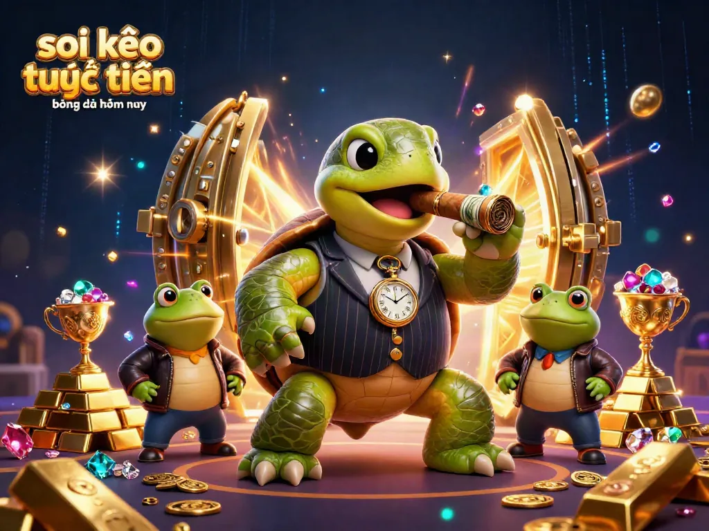 Soi kèo trực tuyến bóng đá hôm nay features lively characters amidst a treasure vault backdrop, emphasizing sports betting.