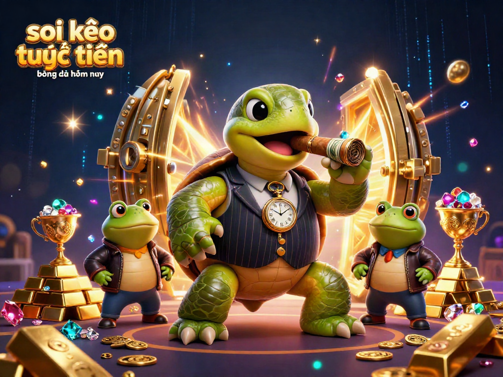 Soi kèo trực tuyến bóng đá hôm nay features lively characters amidst a treasure vault backdrop, emphasizing sports betting.