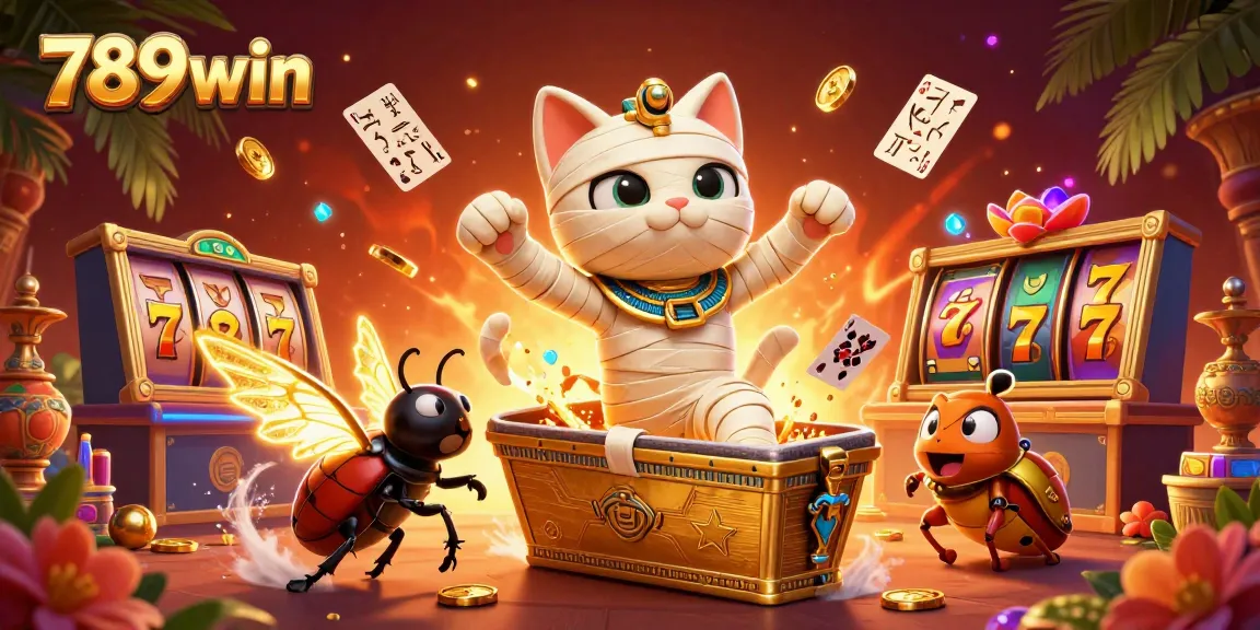 Experience thrilling wins with 789win as the Egyptian mummy cat bursts into a vibrant casino scene.