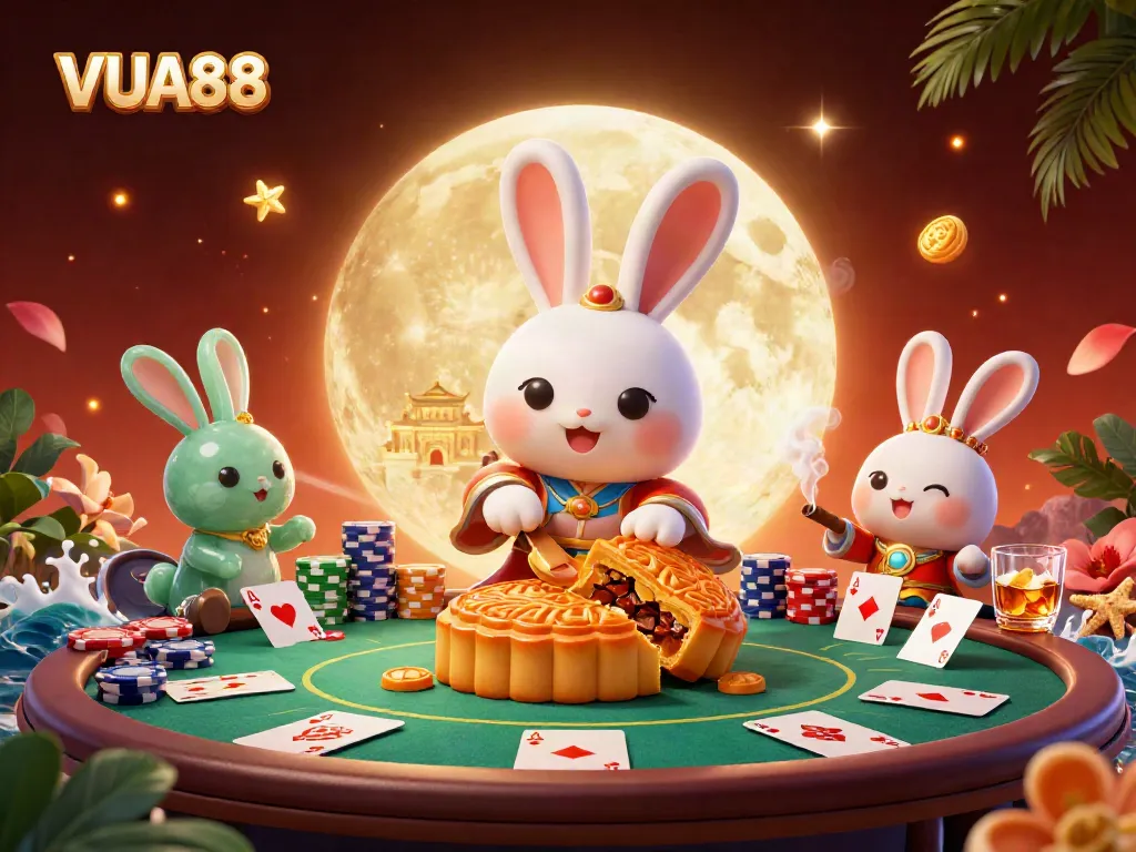 Join the festive celebration at VUA88 with a cartoon moon rabbit and poker fun in a vibrant lunar setting.