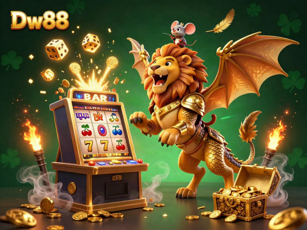 Experience the thrill of winning with Dw88 in a vibrant casino scene featuring golden elements and joyful gaming energy.