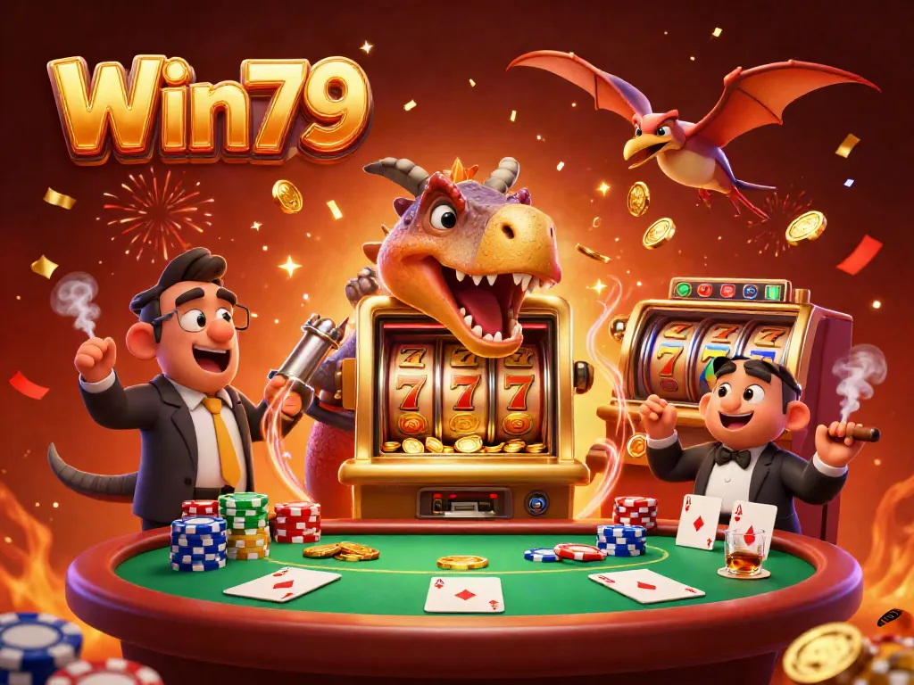 Win79 slot machine pays out coins as dinosaur characters engage in chaotic fun.
