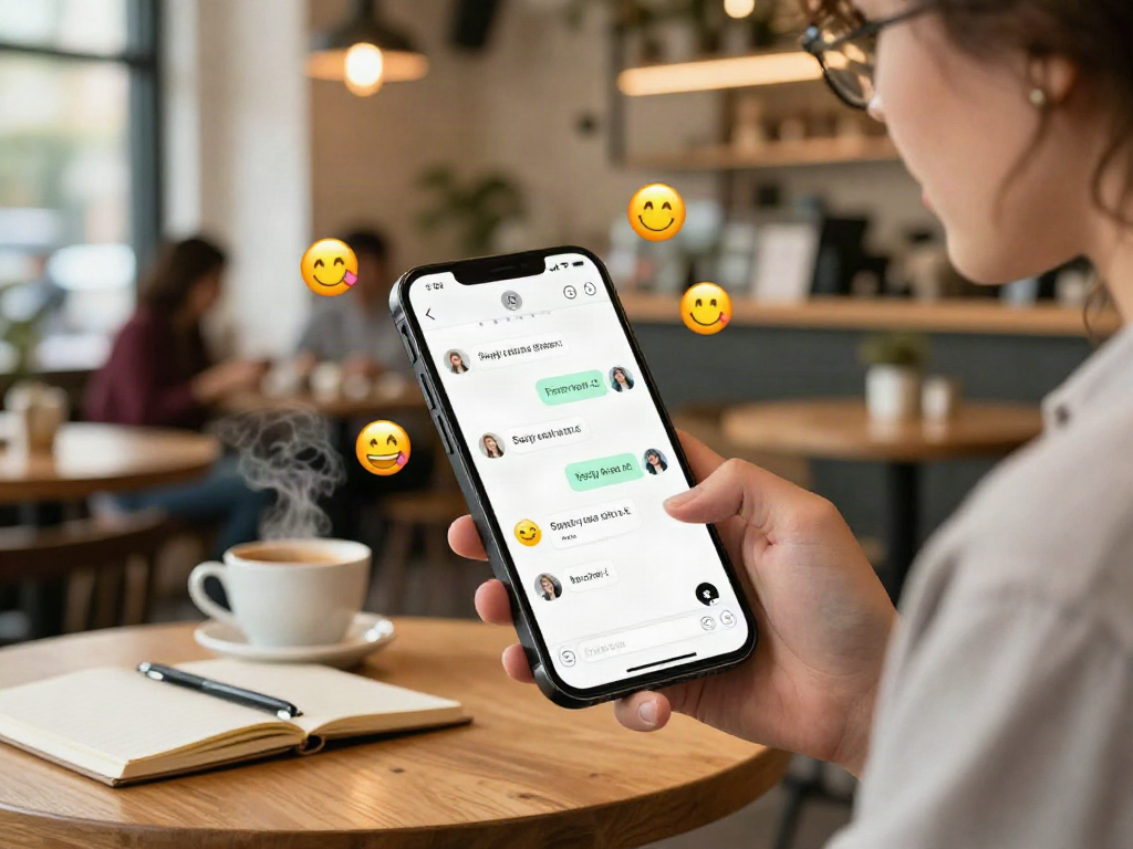 Engaging interaction with spicy chat AI on a smartphone in a cozy café.