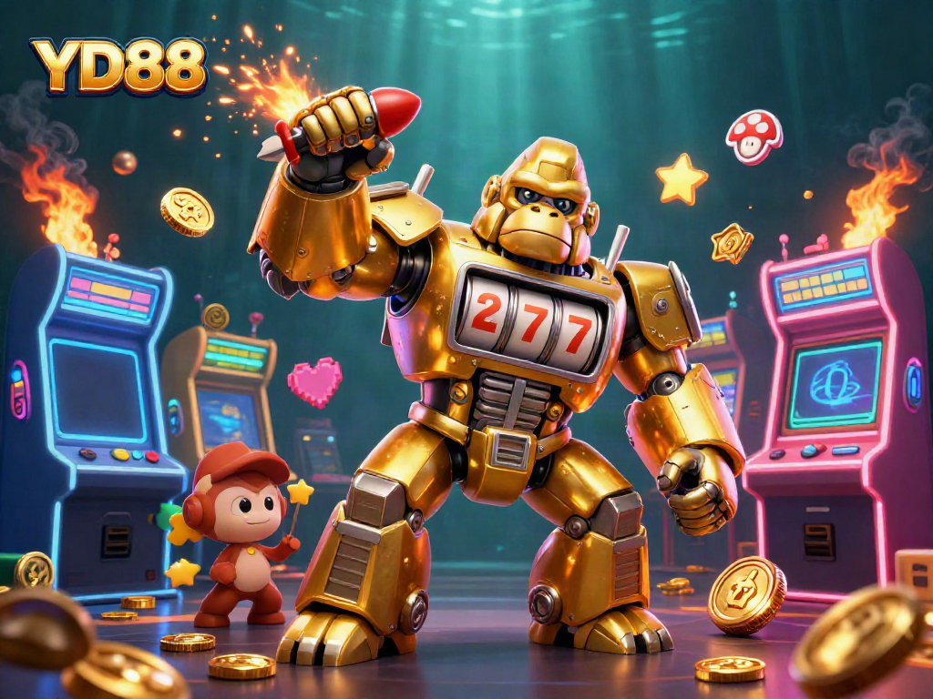 Experience thrilling gaming with YD88, featuring a striking golden gorilla mech amidst slot machines and arcade games.