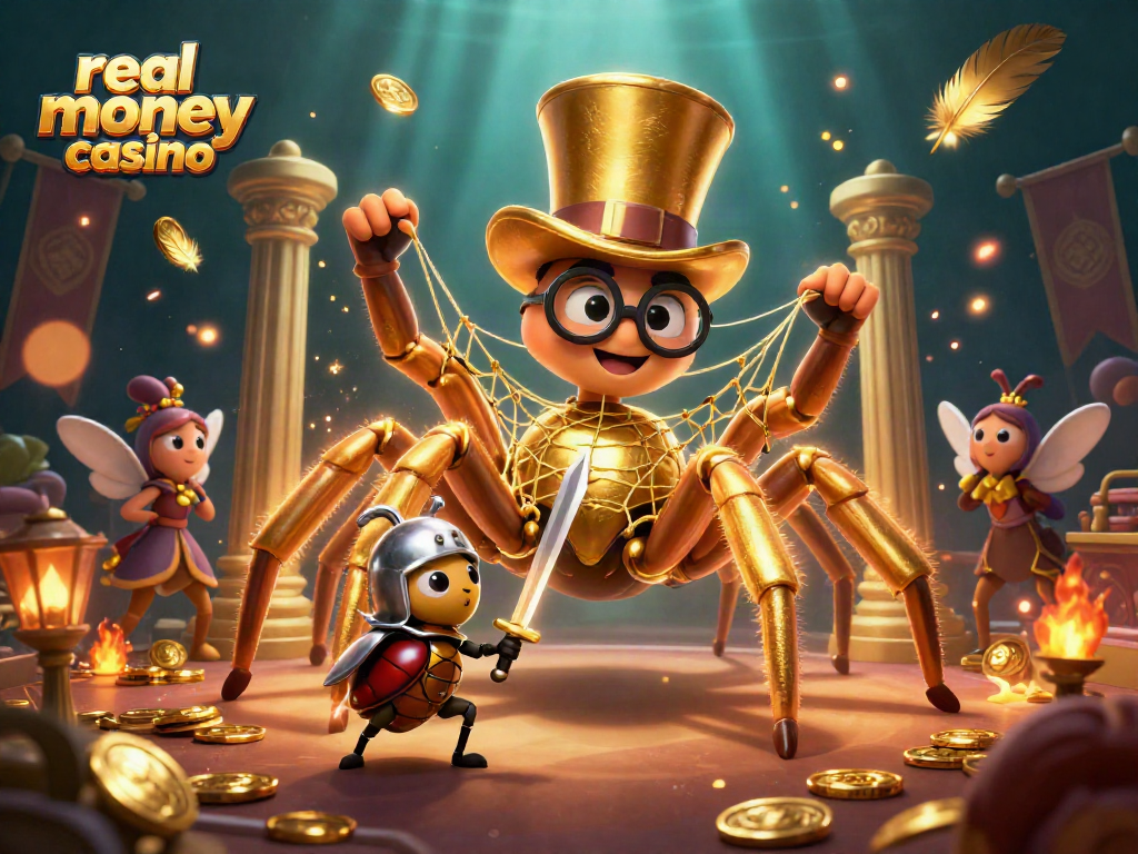 A lively illustration showcasing a real money casino scene with a golden tarantula, a beetle knight, and moth spectators amidst gaming elements.