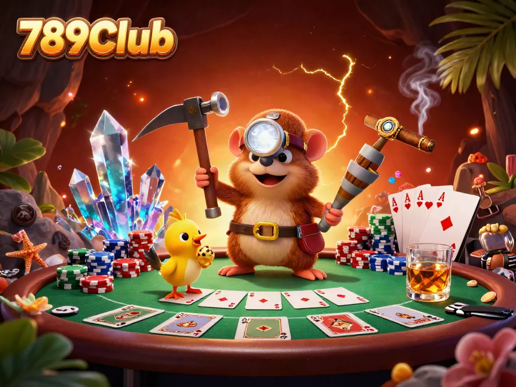 Enjoy thrilling poker action at 789Club with treasure hunter mole and canary companions in a 3D vibrant illustration.