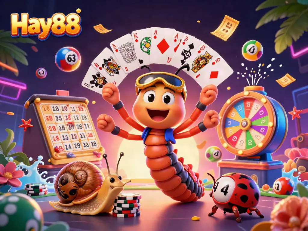 Engage with Hay88, featuring a colorful and dynamic casino scene filled with vibrant game elements.