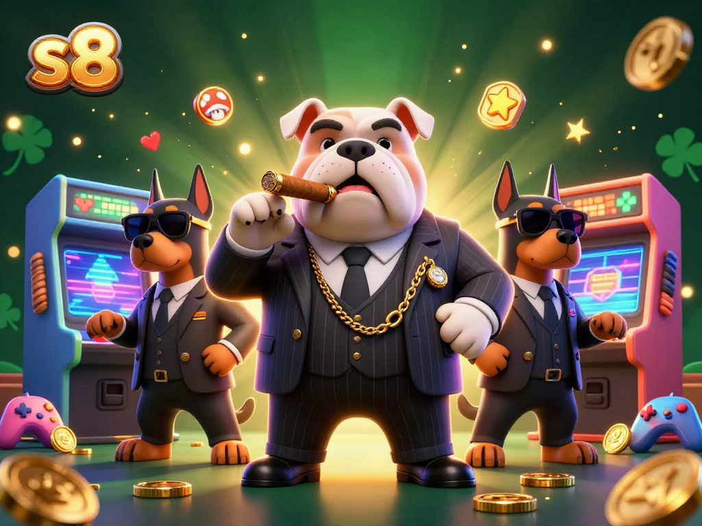 Engage in thrilling games with s8's vibrant 3D casino illustration showcasing a mafia boss and security.