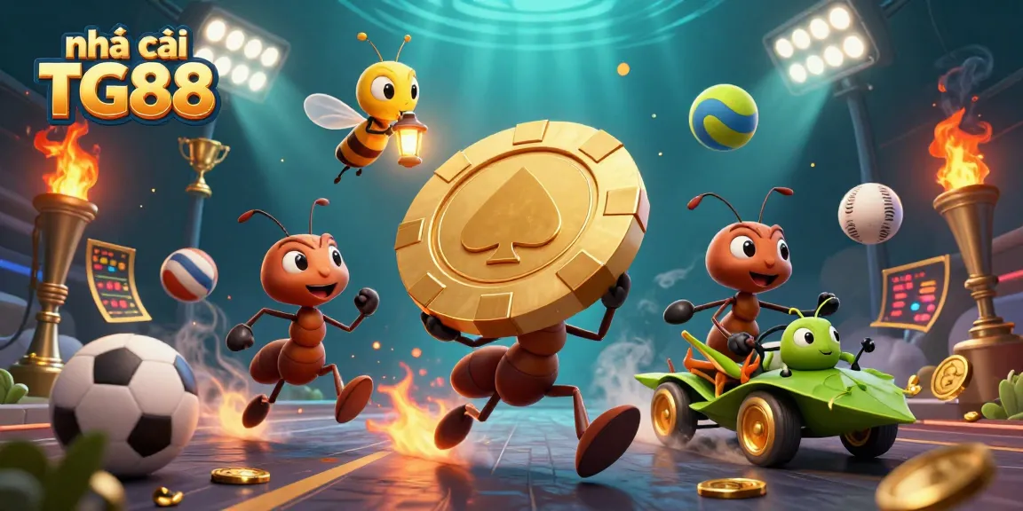Engaging scene of nhà cái TG88 featuring 3D ants on an exciting gambling heist, showcasing dynamic casino elements.