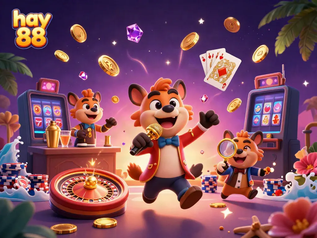 Experience a vibrant casino scene where hyenas entertain at hay 88, featuring golden coins and a roulette wheel.