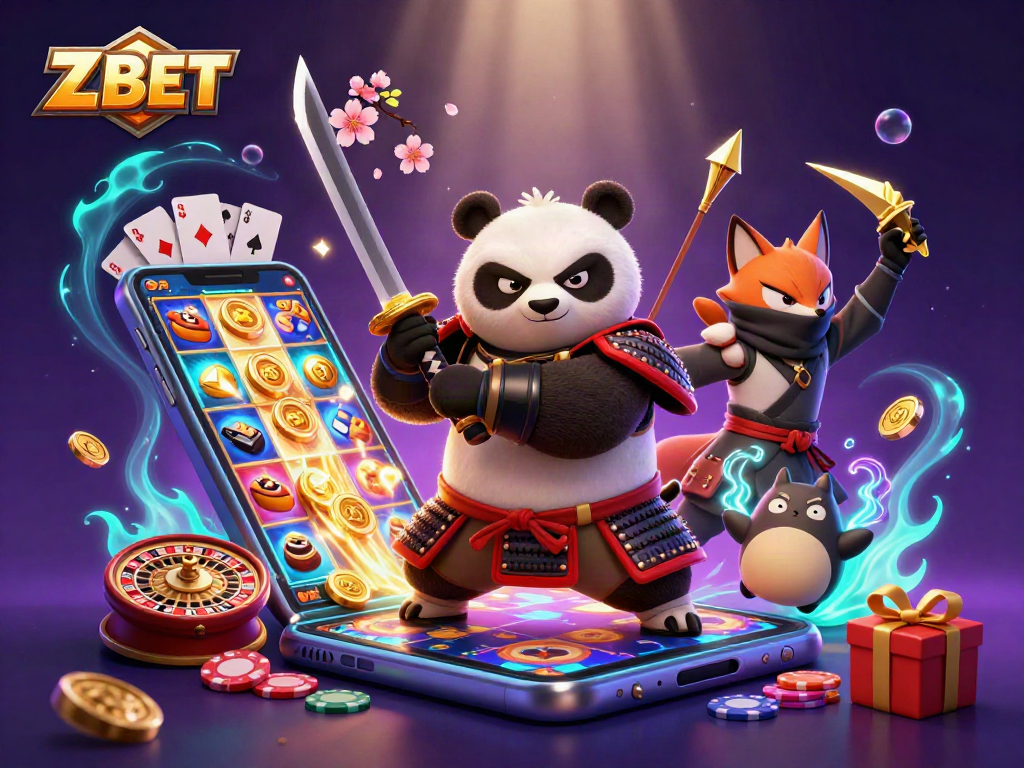 Z BET offers thrilling gaming adventures with a vibrant 3D illustration showcasing dynamic characters and casino elements.