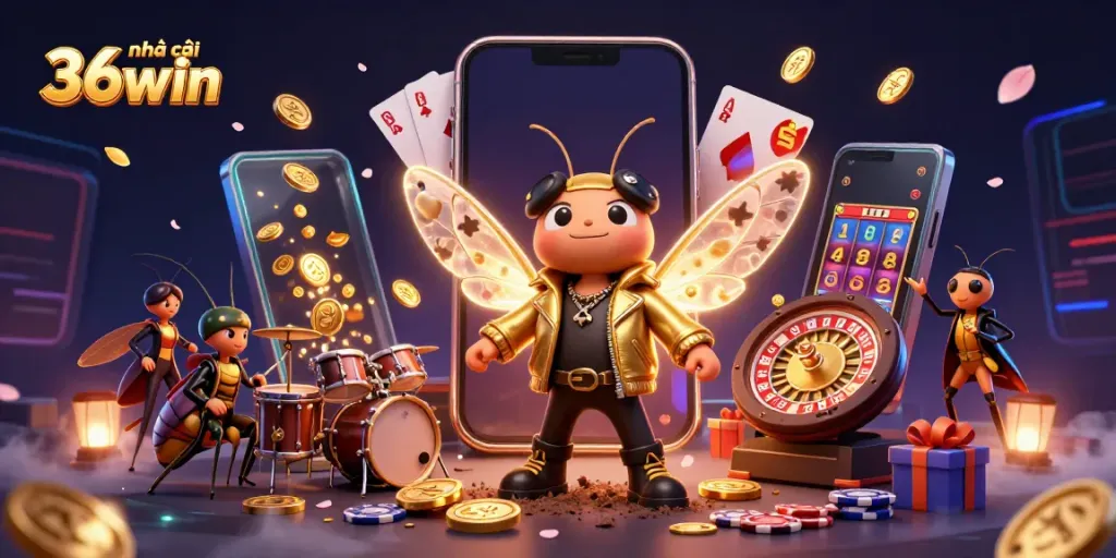 Experience thrilling action with Nhà cái 36win as a cicada rock star performs alongside dynamic casino elements.