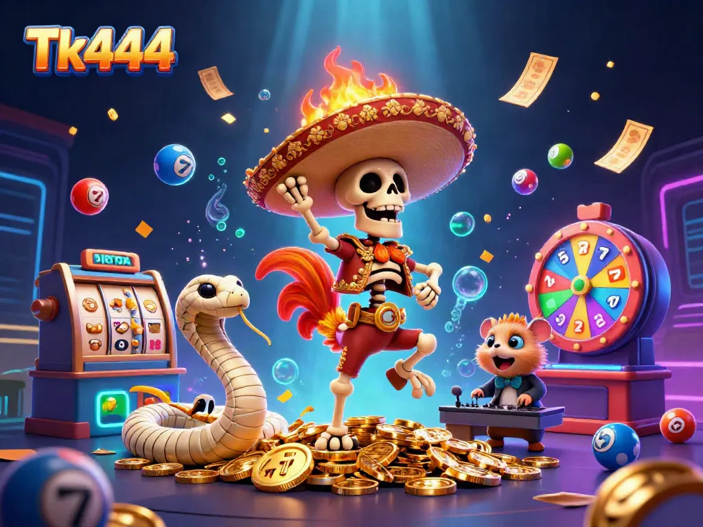 Experience thrilling wins at Tk444 with vibrant cartoon characters celebrating in a casino-inspired scene.