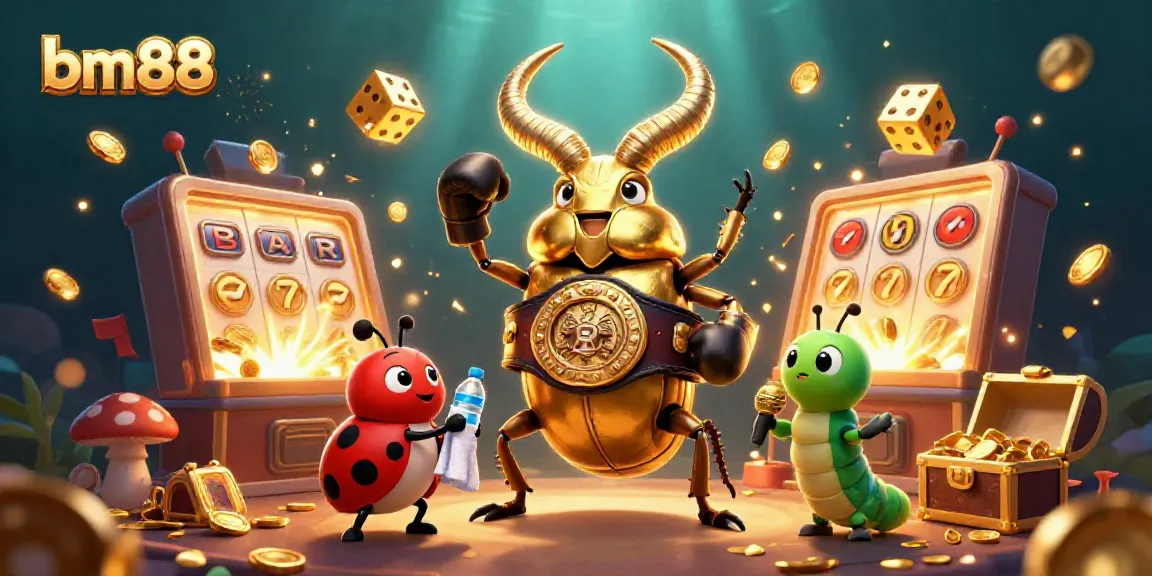 Experience the excitement of bm88 with a vibrant 3D illustration featuring a dynamic boxing stag beetle alongside classic casino elements.